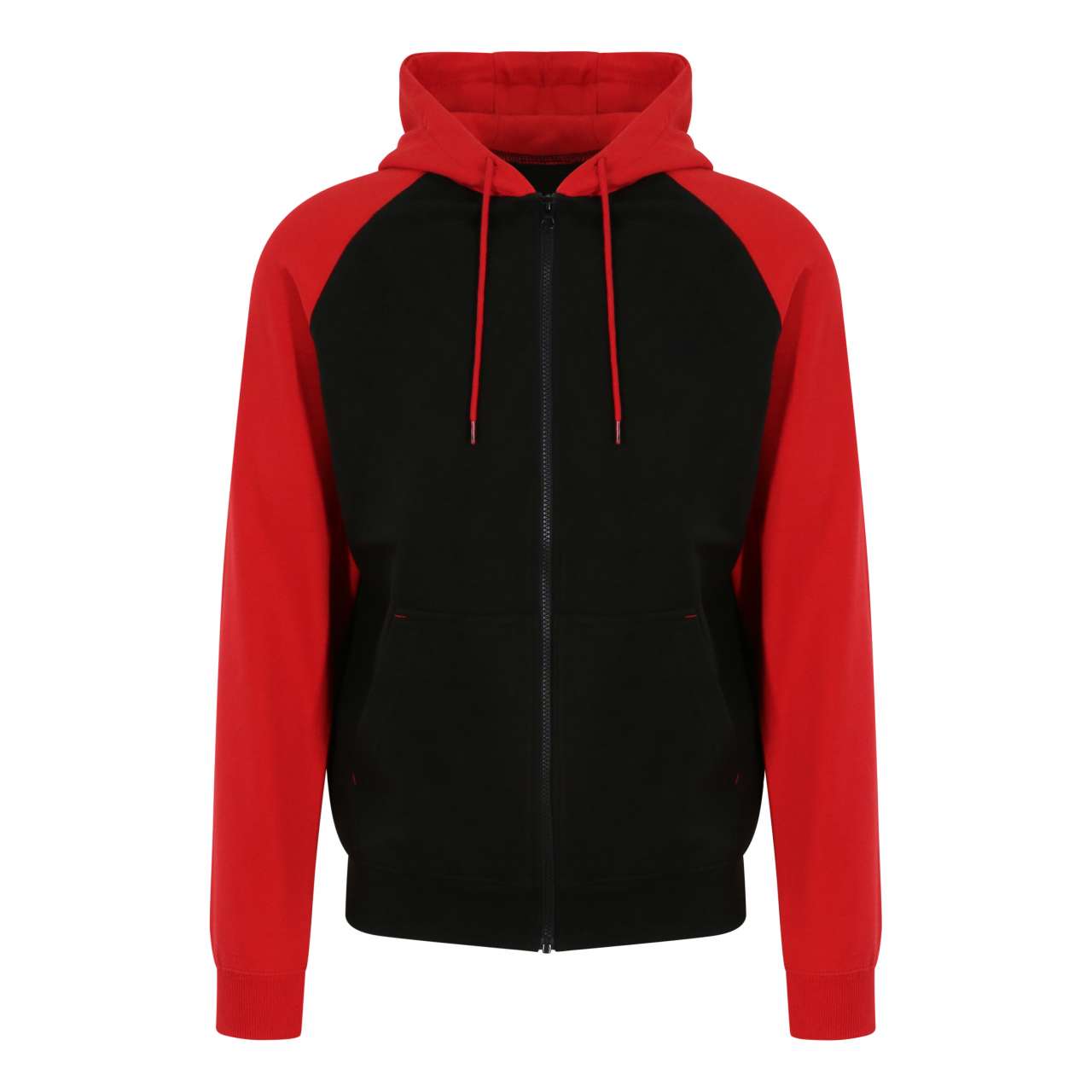 Unisex dvoubarevná mikina na zip Just Hoods - tryskáčově černá / ohnivá červená / XL